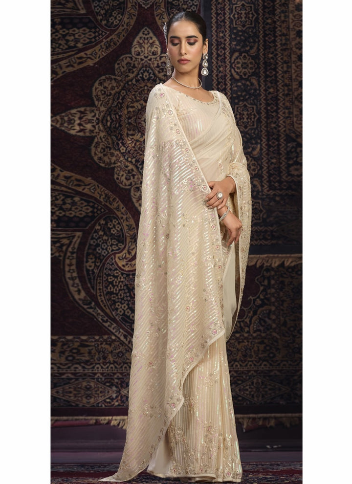 Lassya Fashion Off-White Glamorous Embellished Partywear Saree