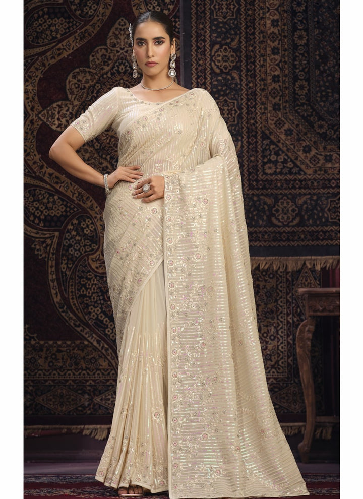 Lassya Fashion Off-White Glamorous Embellished Partywear Saree