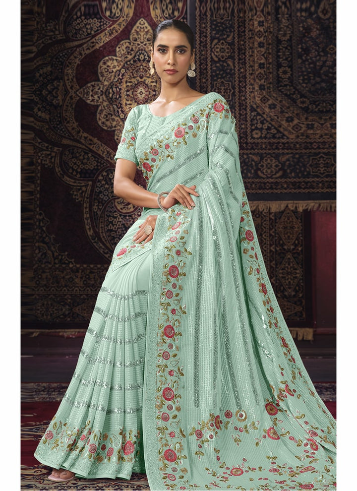 Lassya Fashion Firozi Glamorous Embellished Partywear Saree