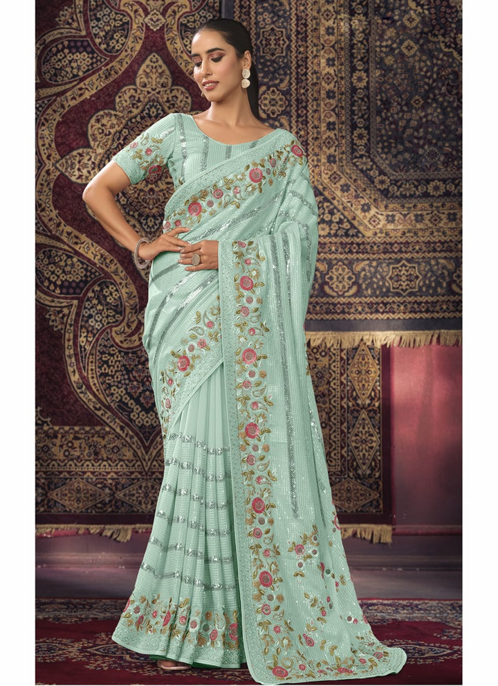 Lassya Fashion Firozi Glamorous Embellished Partywear Saree