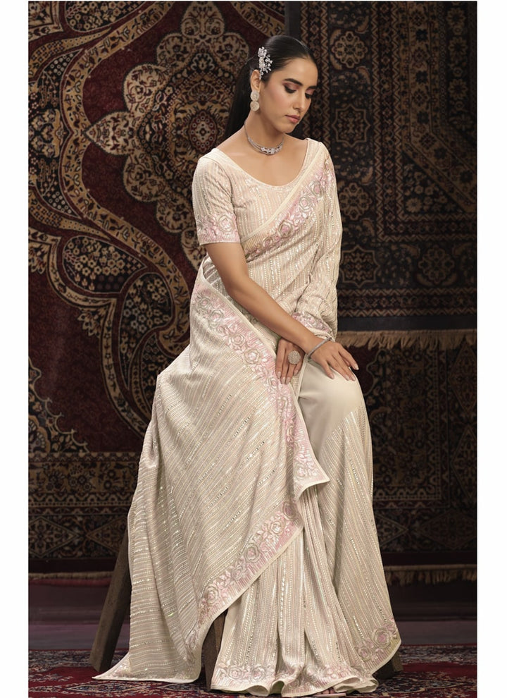 Lassya Fashion Off-White Glamorous Embellished Partywear Saree