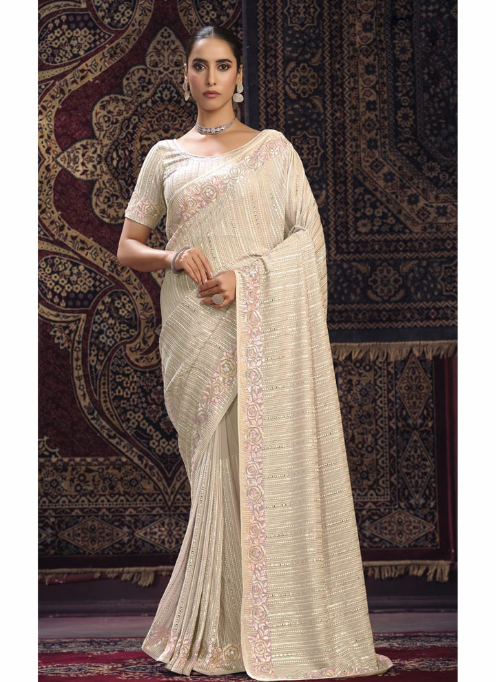 Lassya Fashion Off-White Glamorous Embellished Partywear Saree