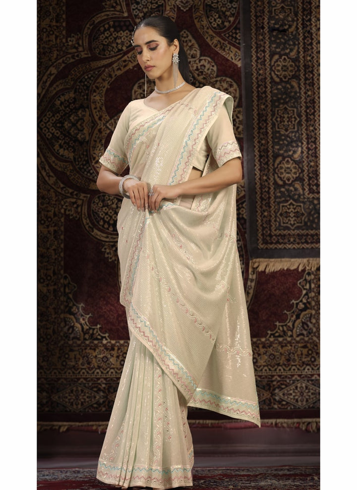 Lassya Fashion Off-White Glamorous Embellished Partywear Saree