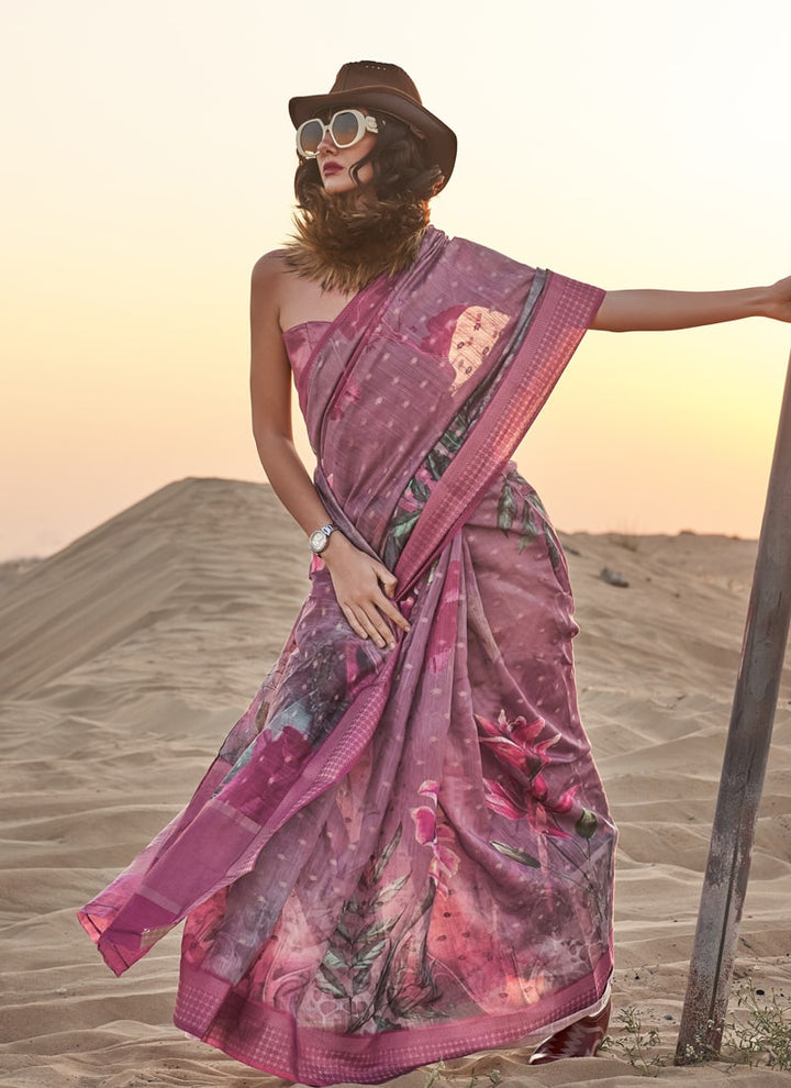 Lassya Fashion Mauve Pink Handwoven Linen Partywear Saree