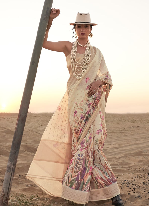 Lassya Fashion Cream Handwoven Linen Partywear Saree