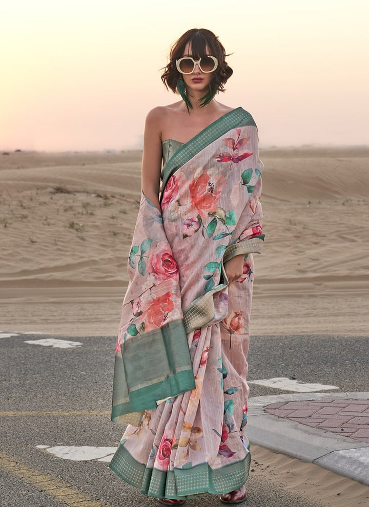 Lassya Fashion Greyish Pink Handwoven Linen Partywear Saree