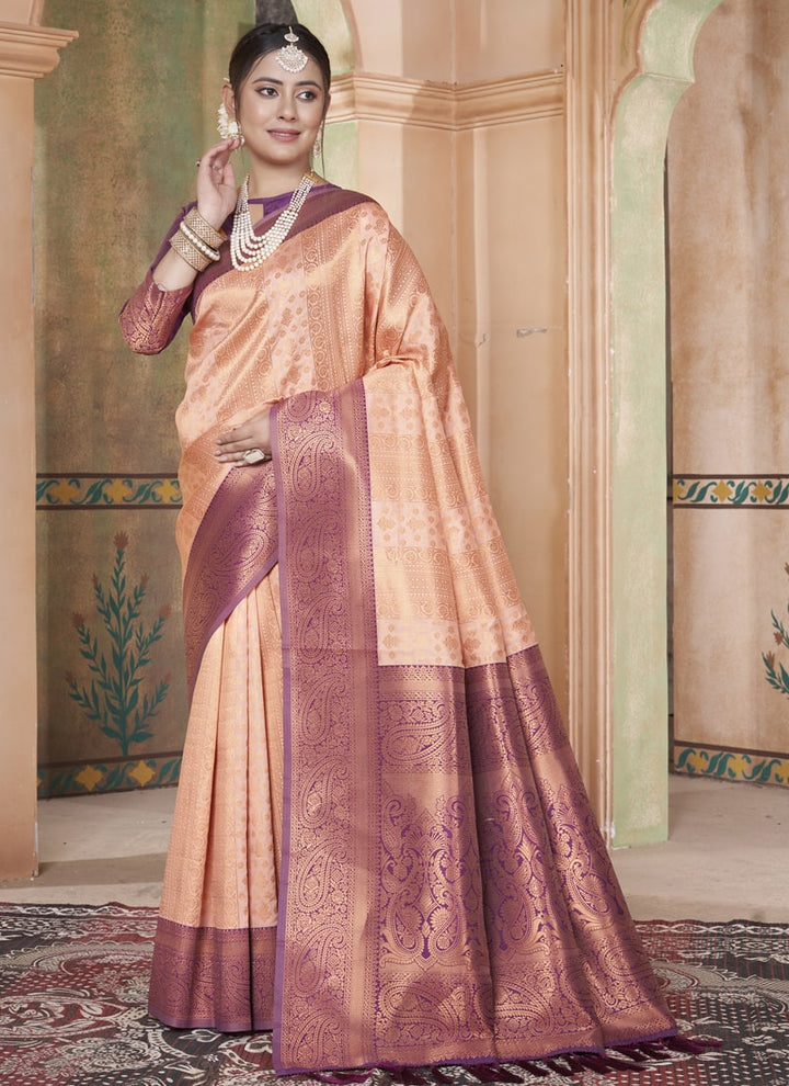 Lassya Fashion Peach orange Classic Kanjivaram Silk Saree