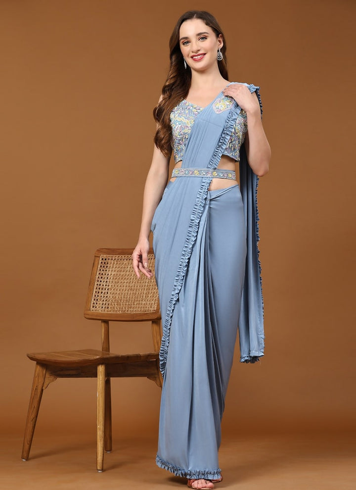 Lassya Fashion Lilac Blue Stylish Ready-to-Wear Saree