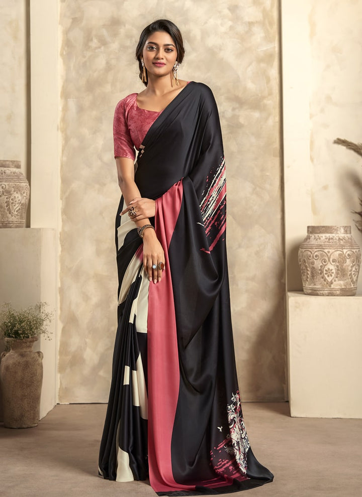 Lassya Fashion Midnight Black Modern Abstract Printed Satin Crepe Saree