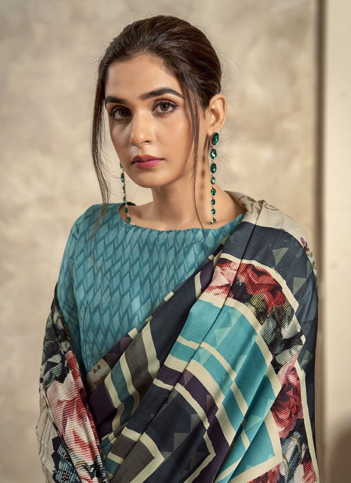 Lassya Fashion Teal Green Modern Abstract Printed Satin Crepe Saree