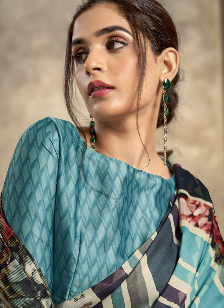 Lassya Fashion Teal Green Modern Abstract Printed Satin Crepe Saree