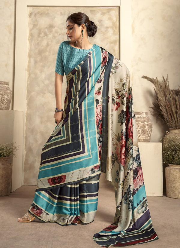 Lassya Fashion Teal Green Modern Abstract Printed Satin Crepe Saree