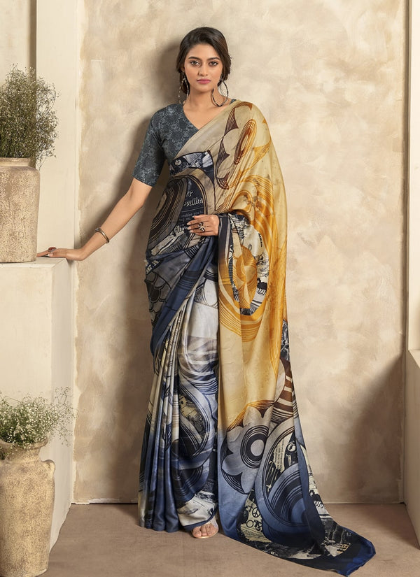 Lassya Fashion Black And Mustard Modern Abstract Printed Satin Crepe Saree