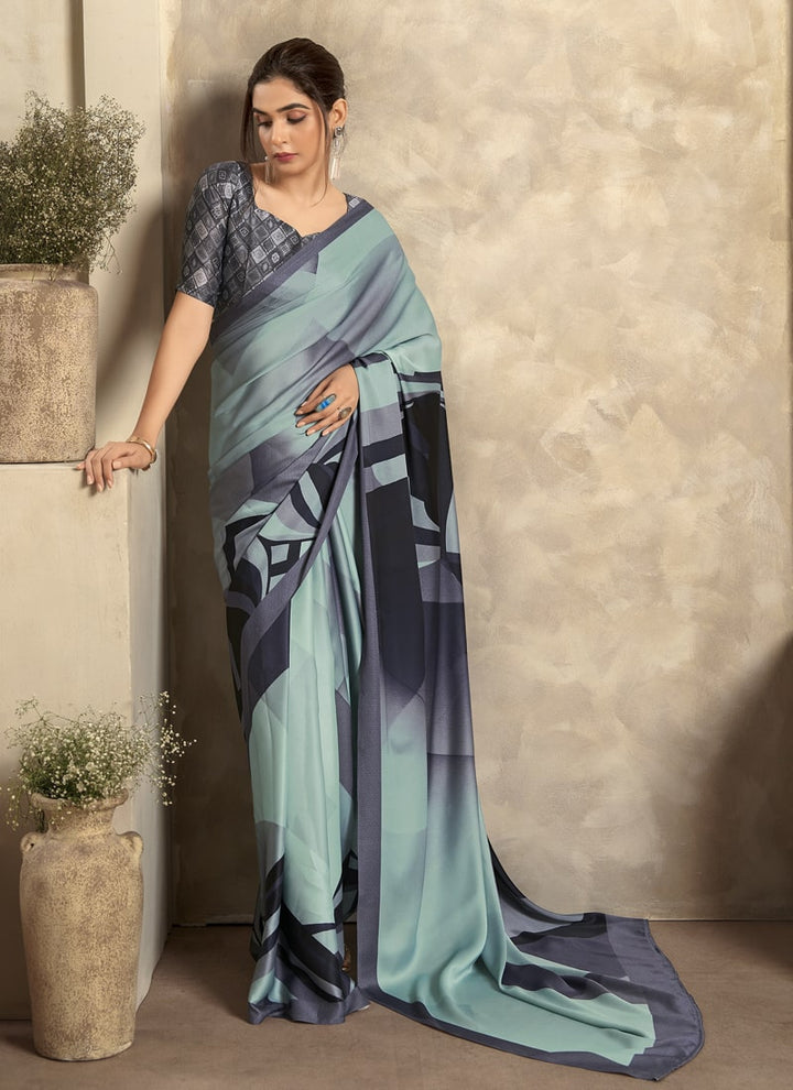 Lassya Fashion Flint Grey Modern Abstract Printed Satin Crepe Saree