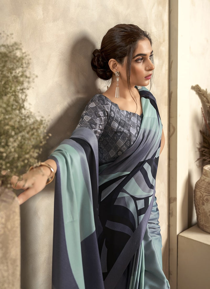 Lassya Fashion Flint Grey Modern Abstract Printed Satin Crepe Saree