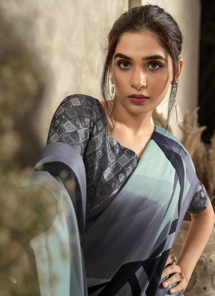 Lassya Fashion Flint Grey Modern Abstract Printed Satin Crepe Saree