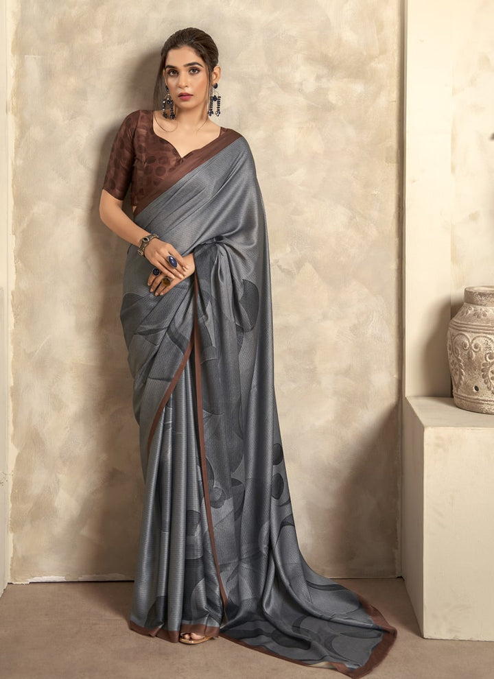 Lassya Fashion Slate Grey Modern Abstract Printed Satin Crepe Saree