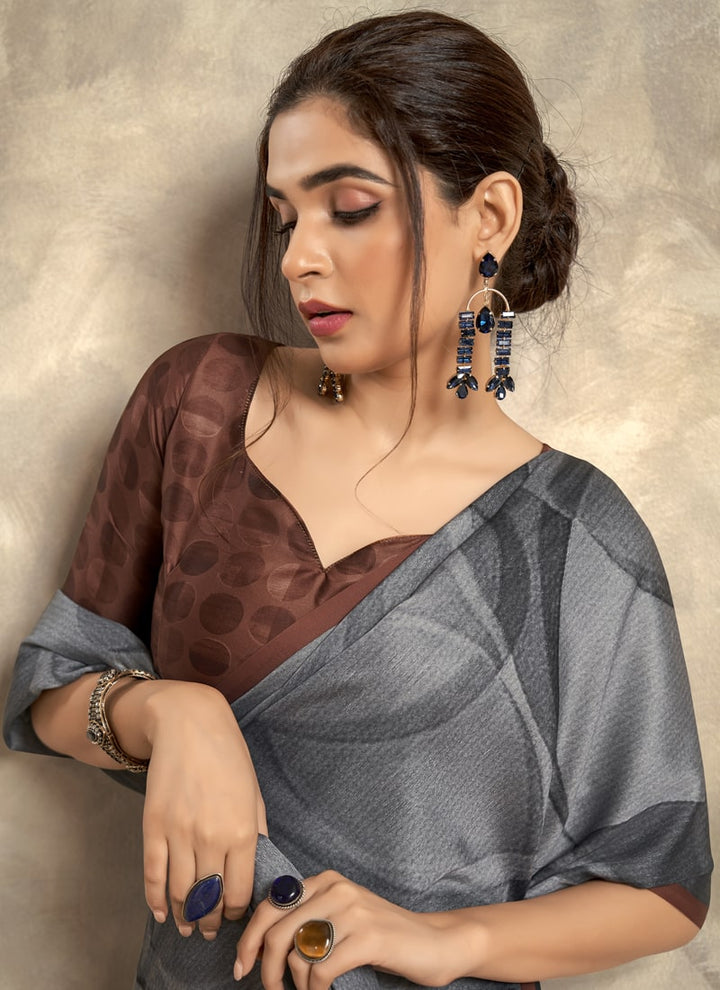 Lassya Fashion Slate Grey Modern Abstract Printed Satin Crepe Saree