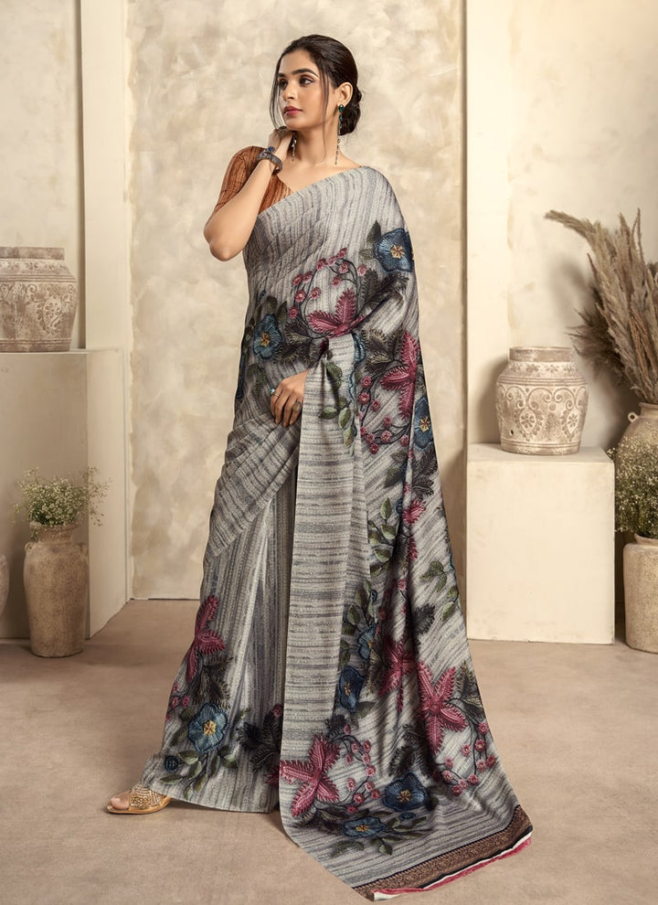 Lassya Fashion Light Grey Modern Abstract Printed Satin Crepe Saree