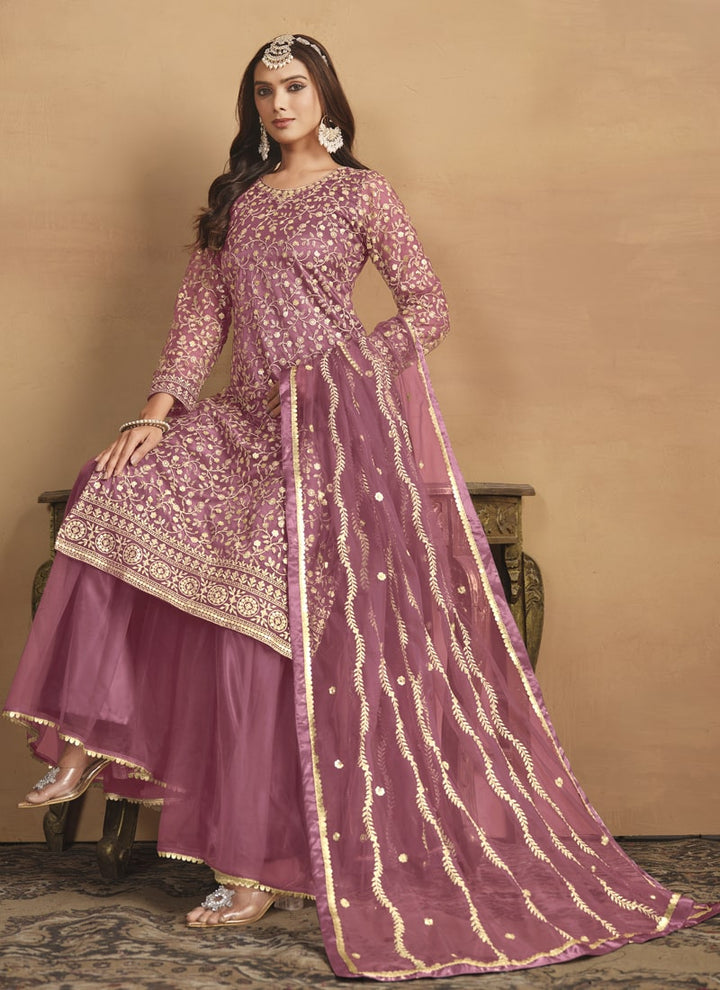 Lassya Fashion Mauve Pink Net Top Sharara Suit with Satin Inner