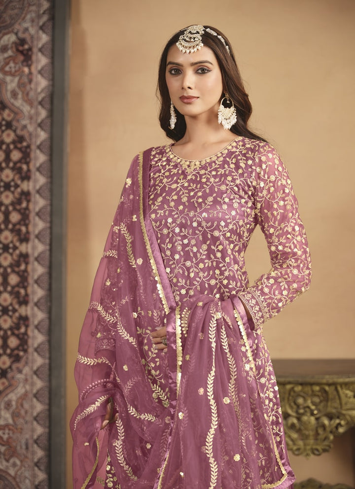 Lassya Fashion Mauve Pink Net Top Sharara Suit with Satin Inner