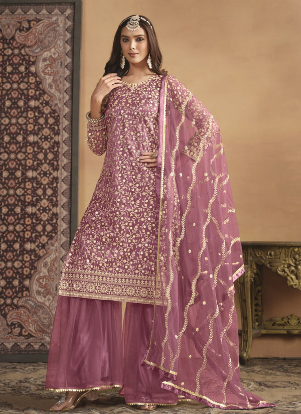 Lassya Fashion Mauve Pink Net Top Sharara Suit with Satin Inner