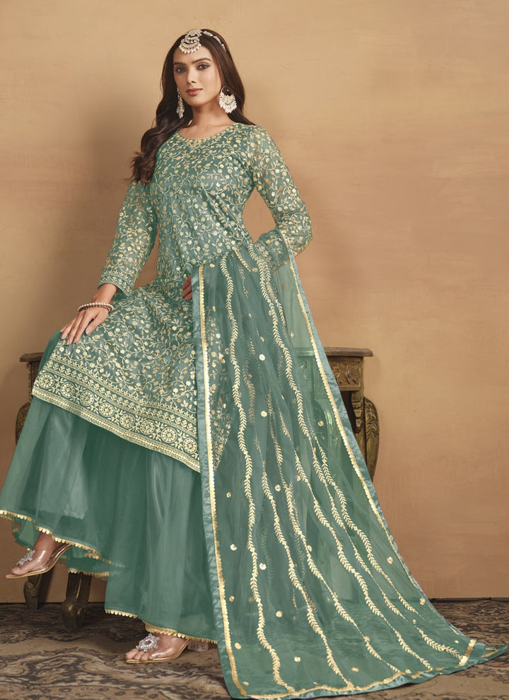 Lassya Fashion Teal Green Net Top Sharara Suit with Satin Inner