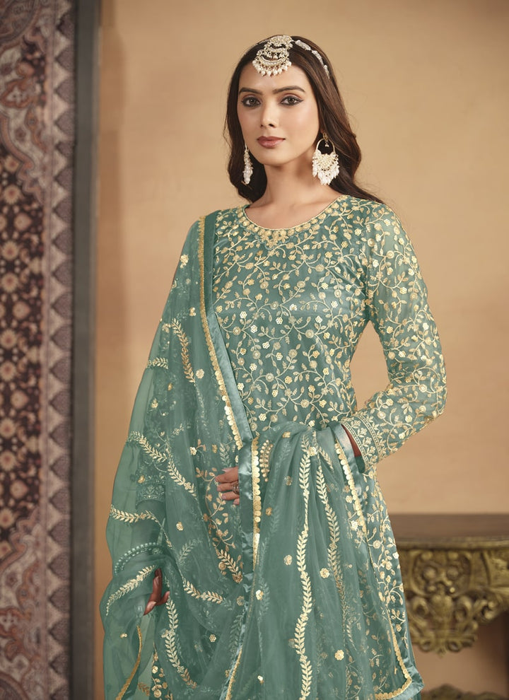 Lassya Fashion Teal Green Net Top Sharara Suit with Satin Inner