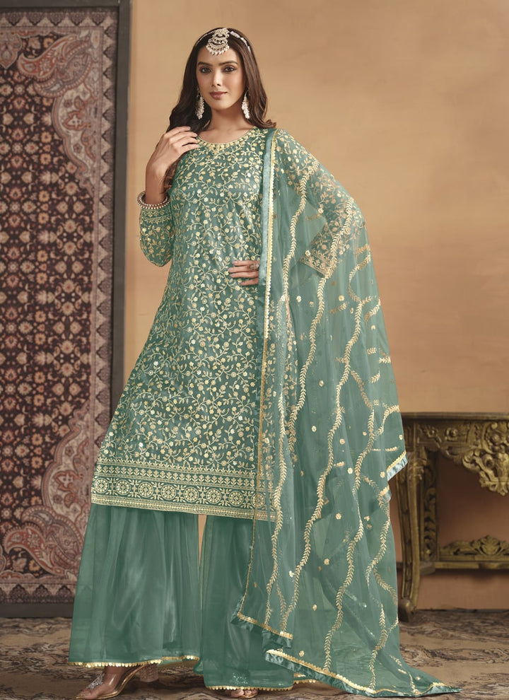 Lassya Fashion Teal Green Net Top Sharara Suit with Satin Inner