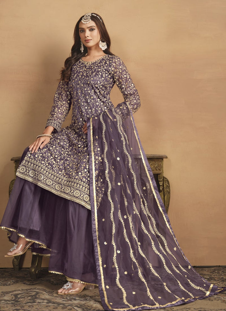 Lassya Fashion Purple Lavender Net Top Sharara Suit with Satin Inner