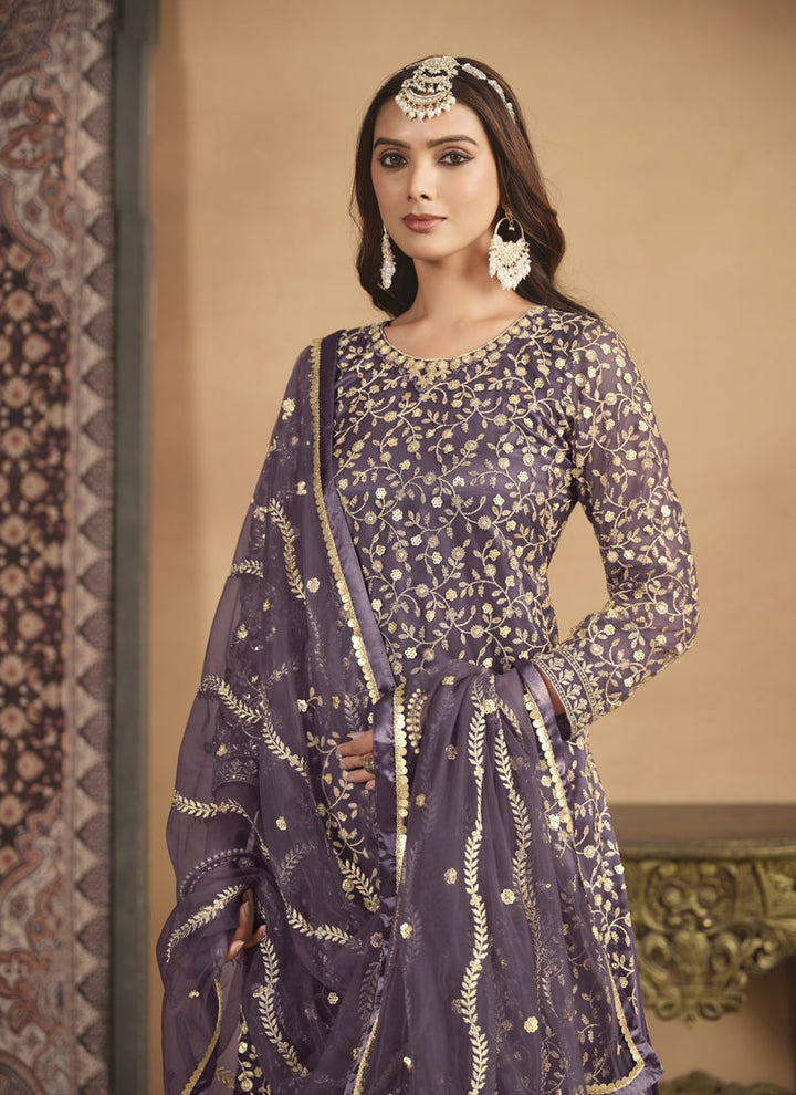 Lassya Fashion Purple Lavender Net Top Sharara Suit with Satin Inner