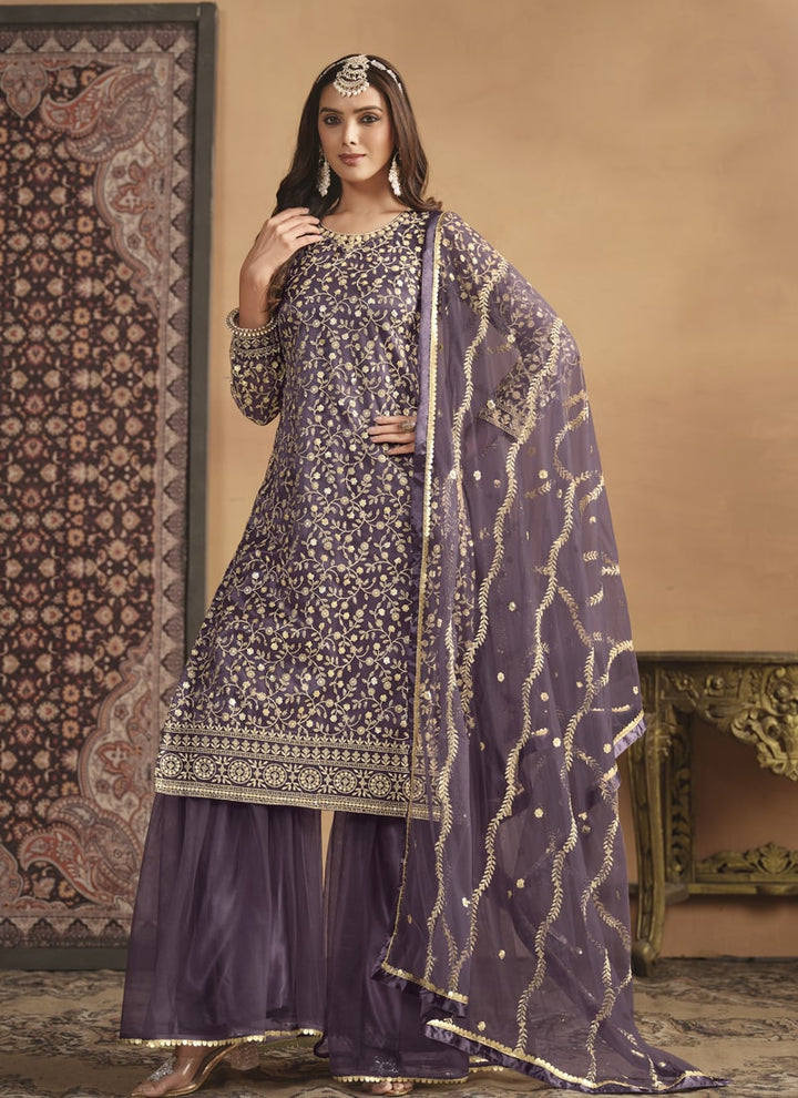 Lassya Fashion Purple Lavender Net Top Sharara Suit with Satin Inner