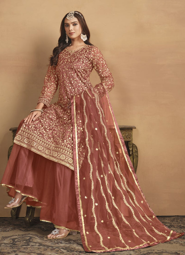 Lassya Fashion Blush Red Net Top Sharara Suit with Satin Inner