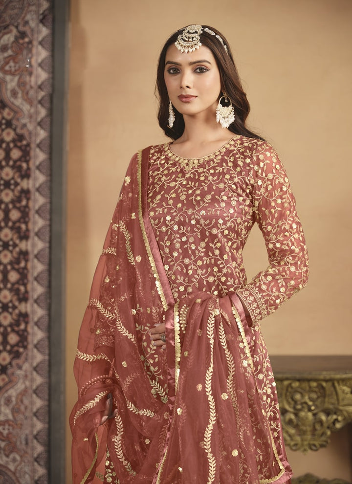 Lassya Fashion Blush Red Net Top Sharara Suit with Satin Inner