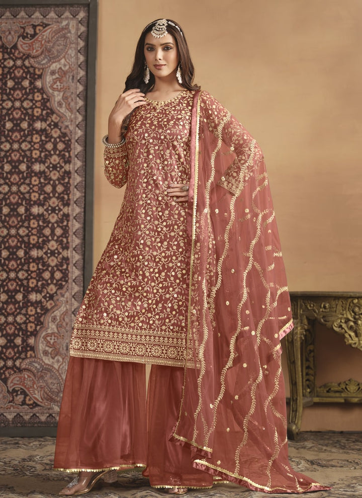 Lassya Fashion Blush Red Net Top Sharara Suit with Satin Inner