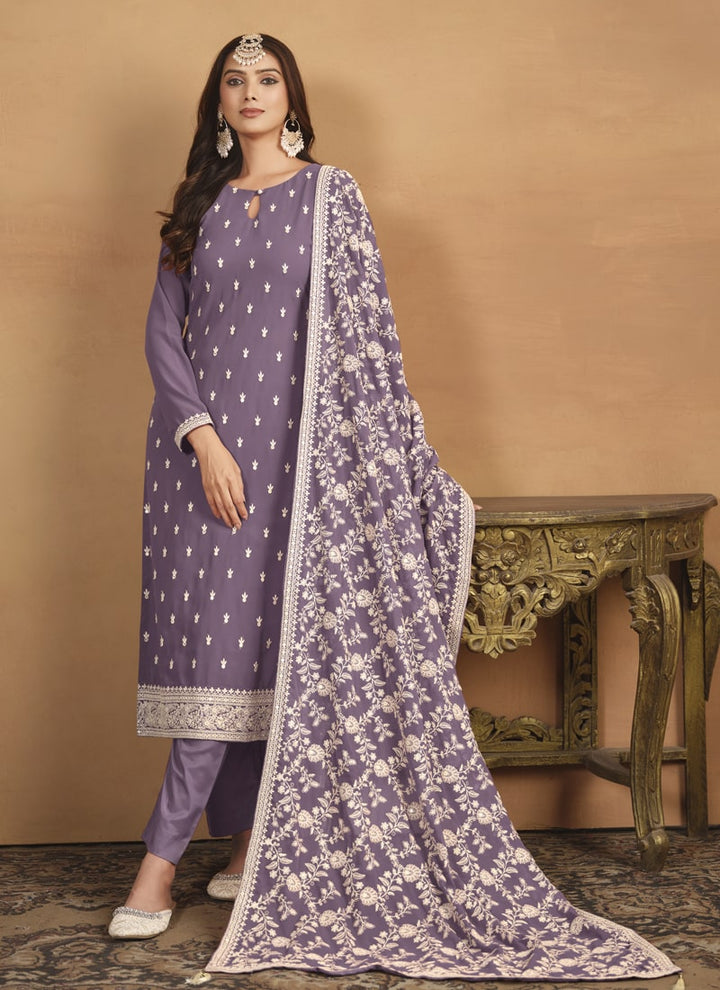 Lassya Fashion Purple Faux Georgette Straight Salwar Suit