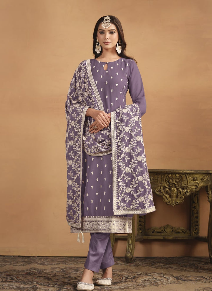 Lassya Fashion Purple Faux Georgette Straight Salwar Suit