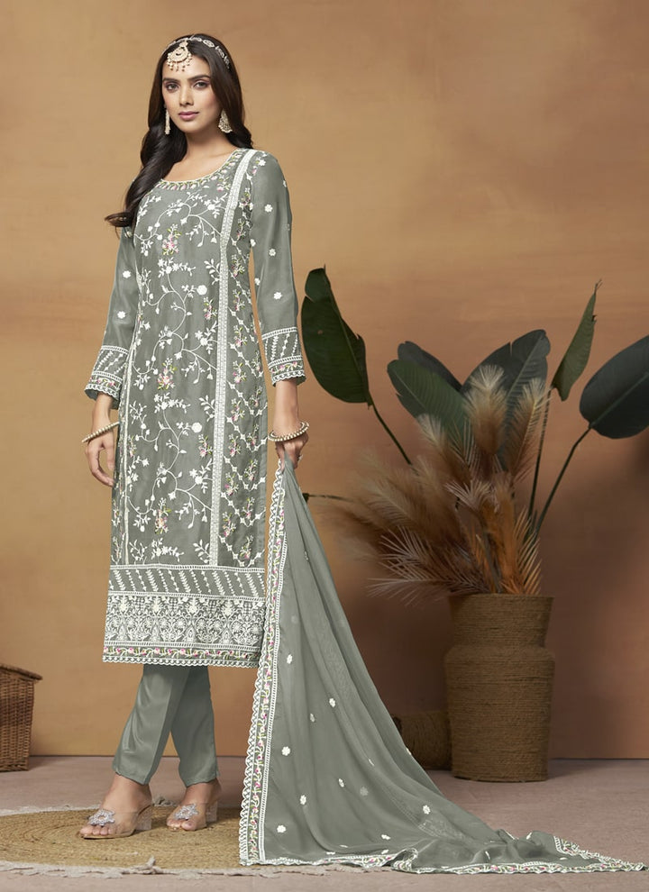 Lassya Fashion Dark Grey Soft Organza Straight Salwar Suit