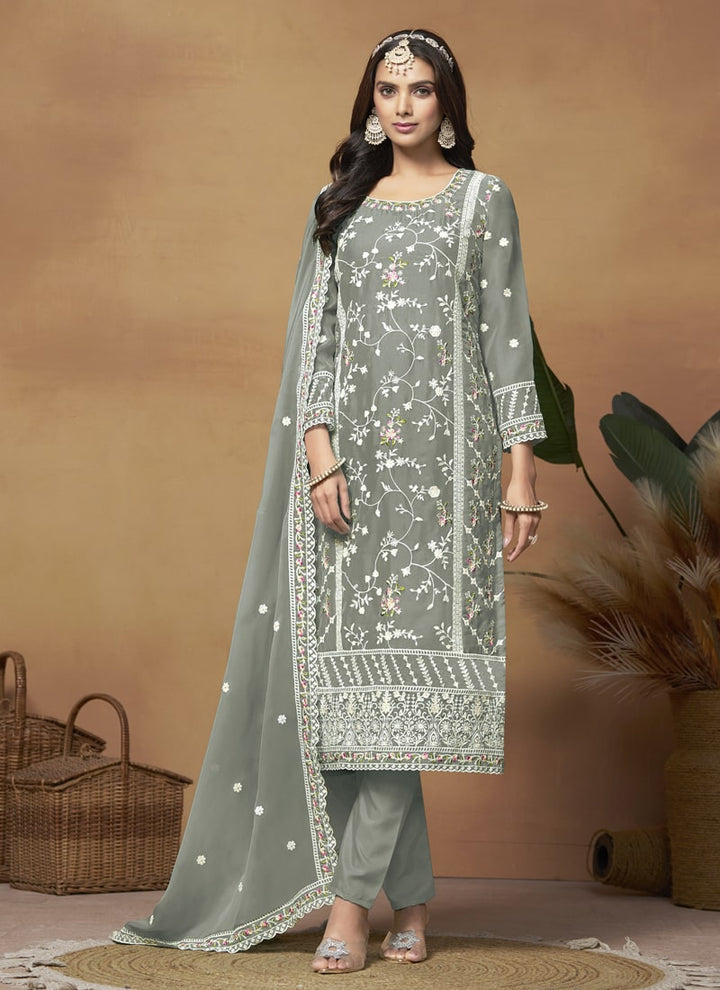 Lassya Fashion Dark Grey Soft Organza Straight Salwar Suit