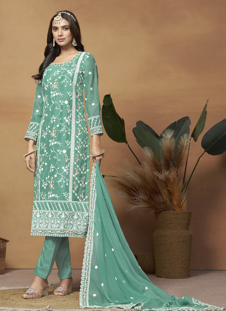 Lassya Fashion Rama Green Soft Organza Straight Salwar Suit