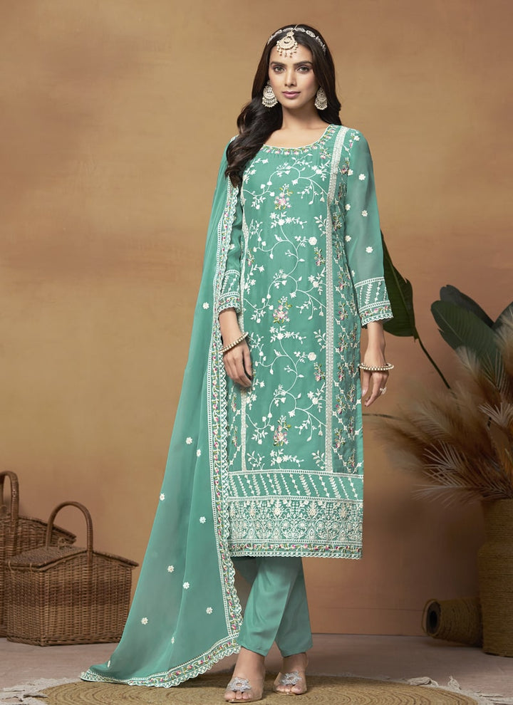 Lassya Fashion Rama Green Soft Organza Straight Salwar Suit