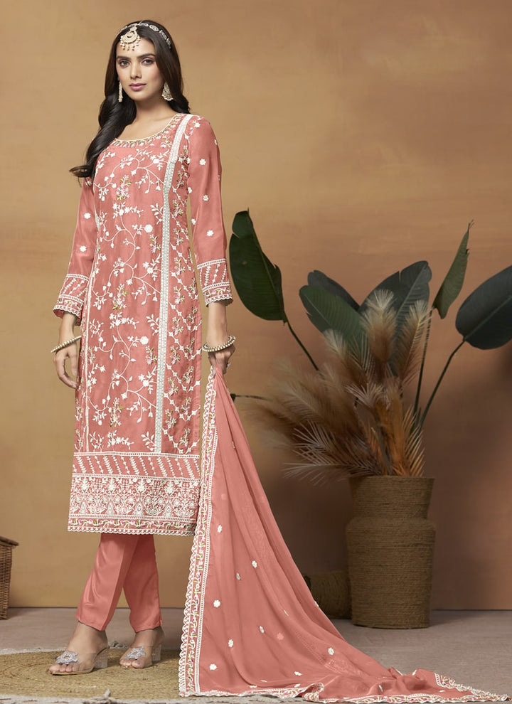 Lassya Fashion Blush Red Soft Organza Straight Salwar Suit