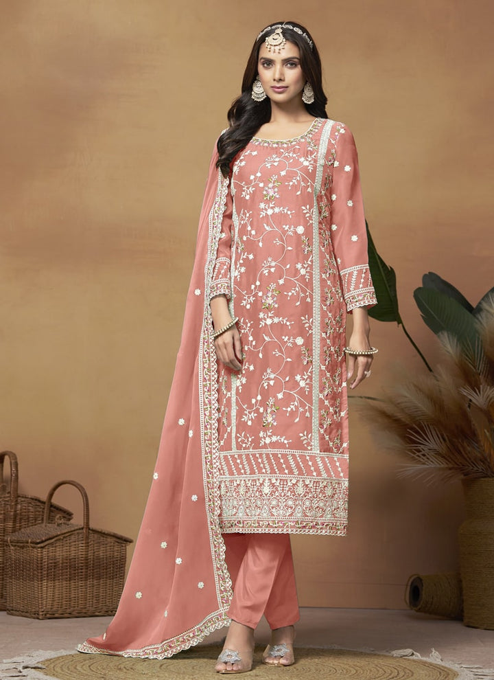 Lassya Fashion Blush Red Soft Organza Straight Salwar Suit