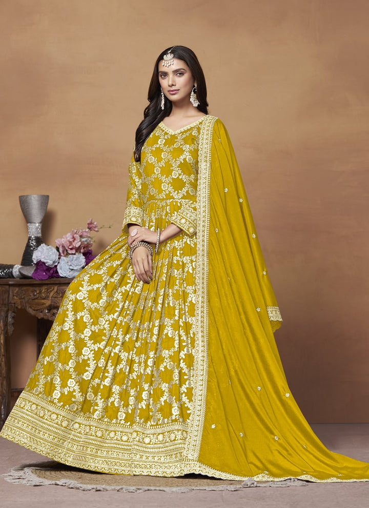 Lassya Fashion Mustard Yellow Dola Jacquard Anarkali Dress