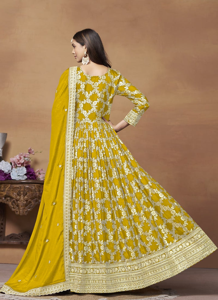 Lassya Fashion Mustard Yellow Dola Jacquard Anarkali Dress