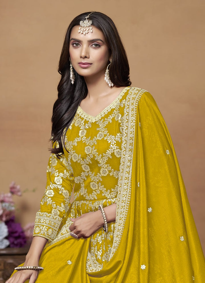 Lassya Fashion Mustard Yellow Dola Jacquard Anarkali Dress