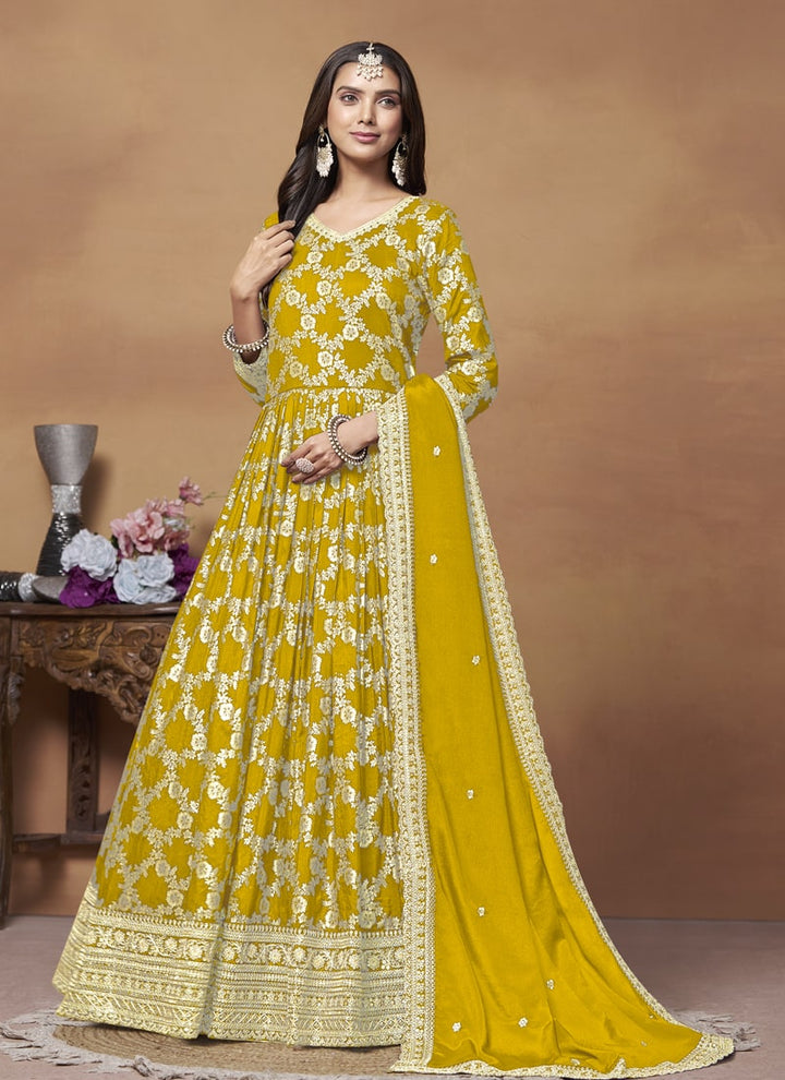 Lassya Fashion Mustard Yellow Dola Jacquard Anarkali Dress