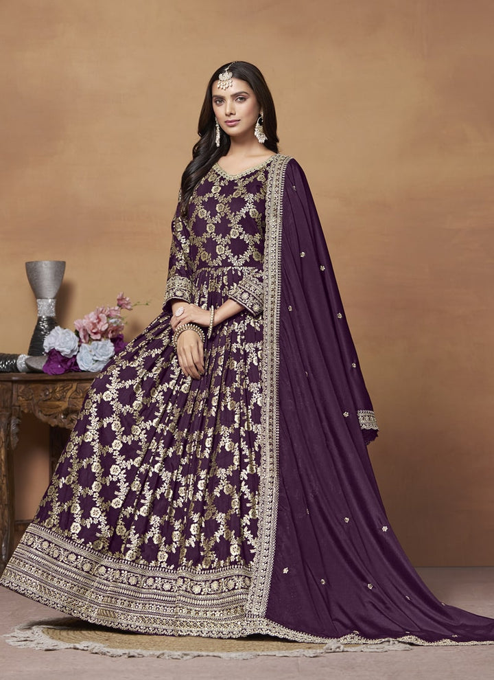 Lassya Fashion Purple Wine Dola Jacquard Anarkali Dress