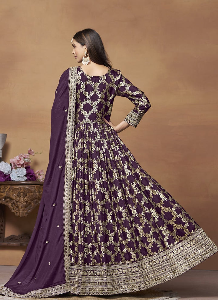 Lassya Fashion Purple Wine Dola Jacquard Anarkali Dress