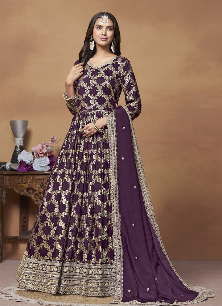 Lassya Fashion Purple Wine Dola Jacquard Anarkali Dress